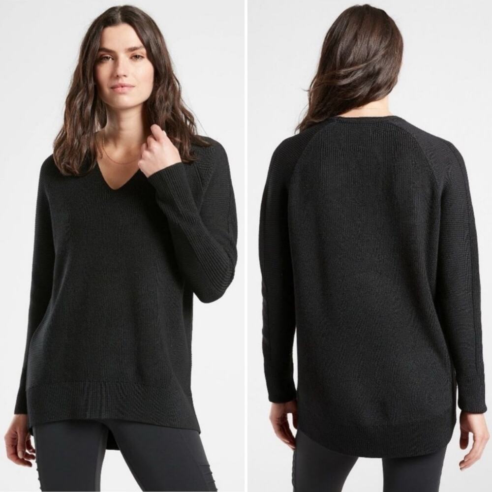 Athleta Hanover Refined Black Merino Wool Blend Ribbed Knit Sweater Size Medium